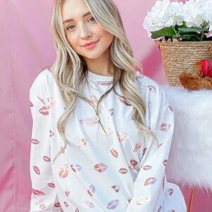 And The Why Kiss Pink Foil Allover Print Pullover Sweatshirts